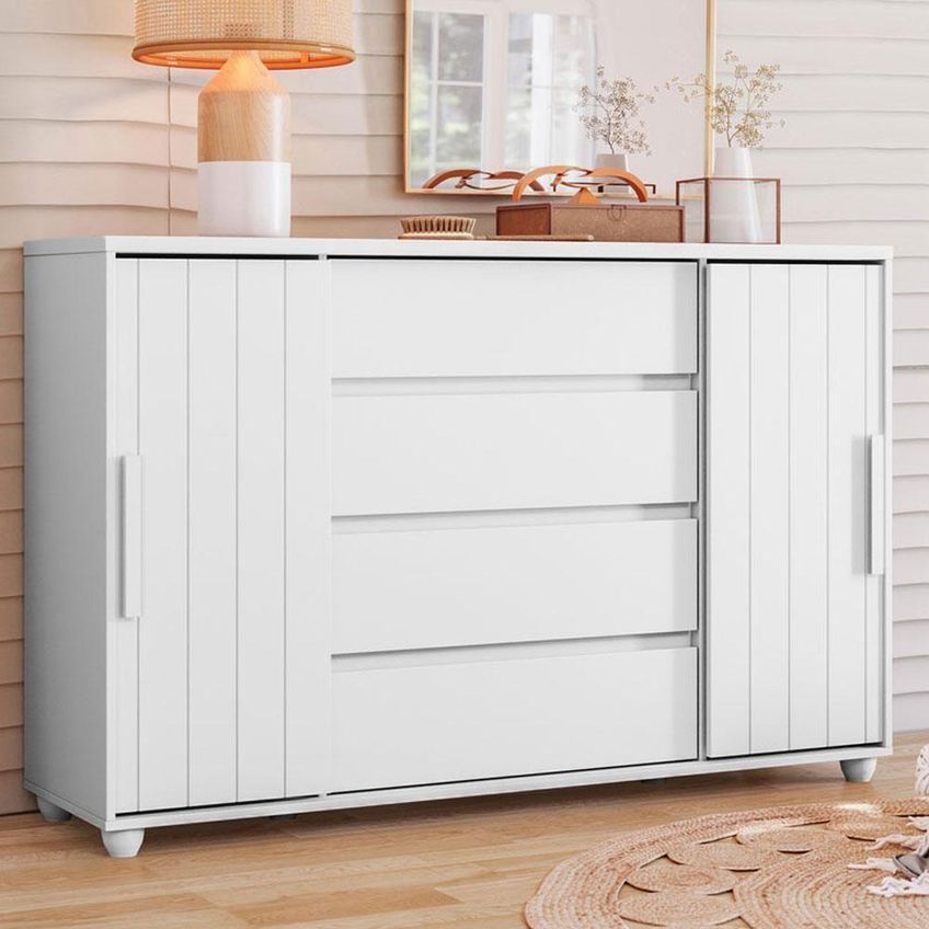 Guarda Roupa Solteiro Doble 4 Portas De Correr E Cômoda Evidenza Mdp Fosco Branco Freijo Albatroz - imagem 3