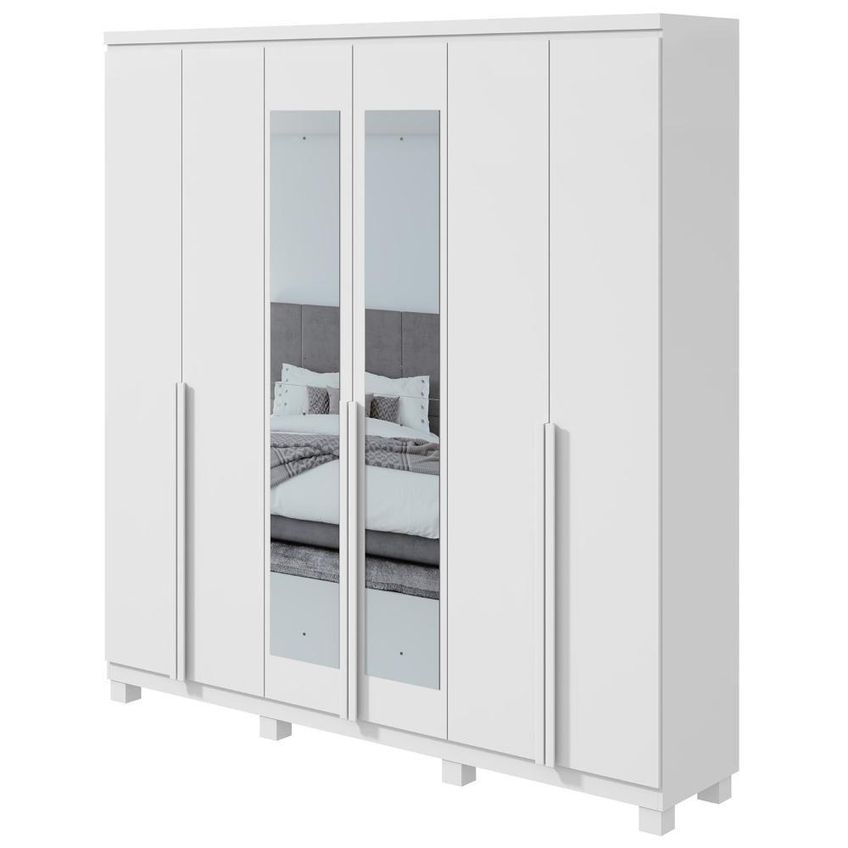 Guarda Roupa Casal Alonzo 6 Portas De Bater 4 Gavetas Mdf Com Espelho E Pés Branco Móveis Lopas - imagem 4