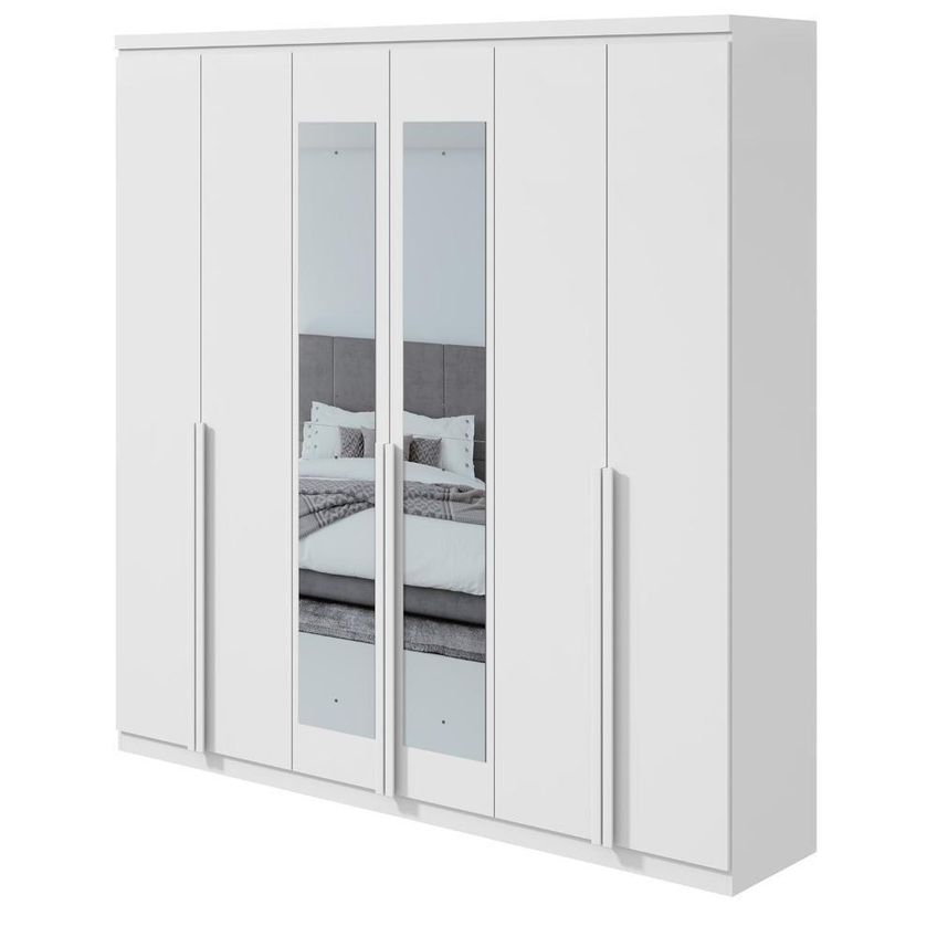 Guarda Roupa Casal Alonzo 6 Portas 4 Gavetas MDF Com Espelho Branco Móveis Lopas 230cm - imagem 3