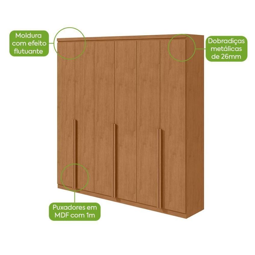 Guarda Roupa Casal Alonzo 6 Portas De Bater 4 Gavetas Mdf Com Espelho Amêndoa Clean Móveis Lopas - imagem 3