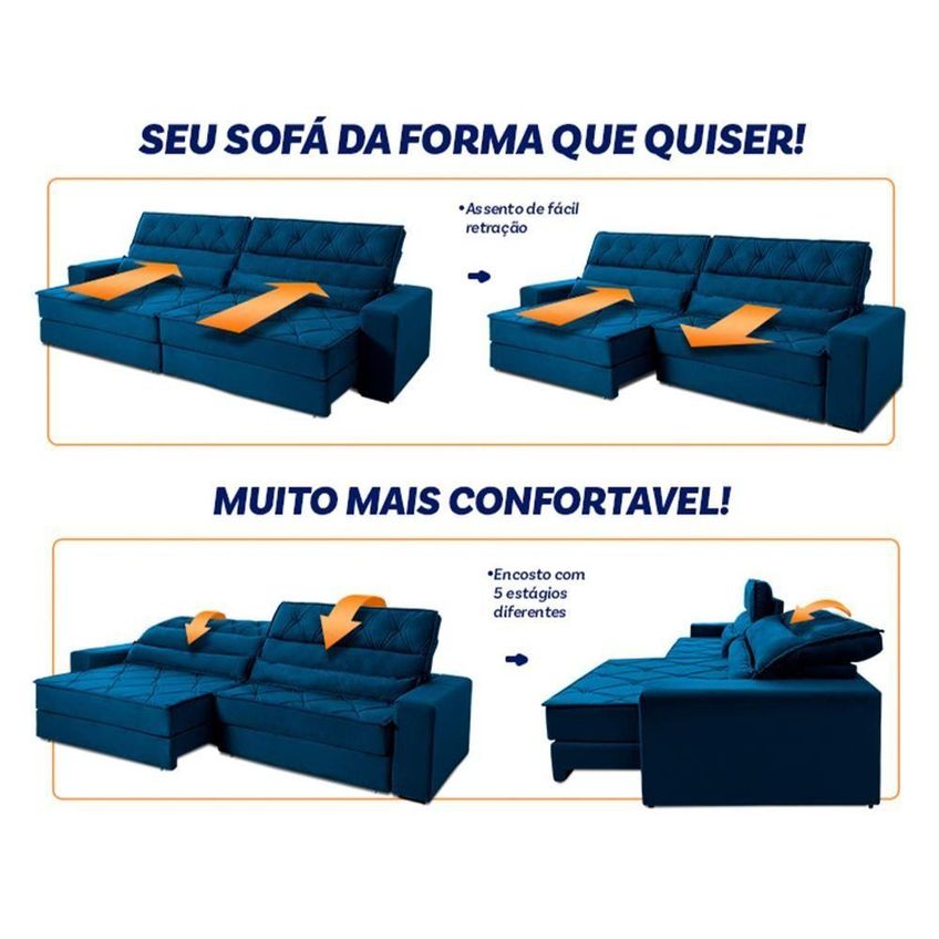 Sofá Retrátil Reclinável 2,30m Albany Suede Velut Azul Marinho Molas Ensacadas King House - imagem 4