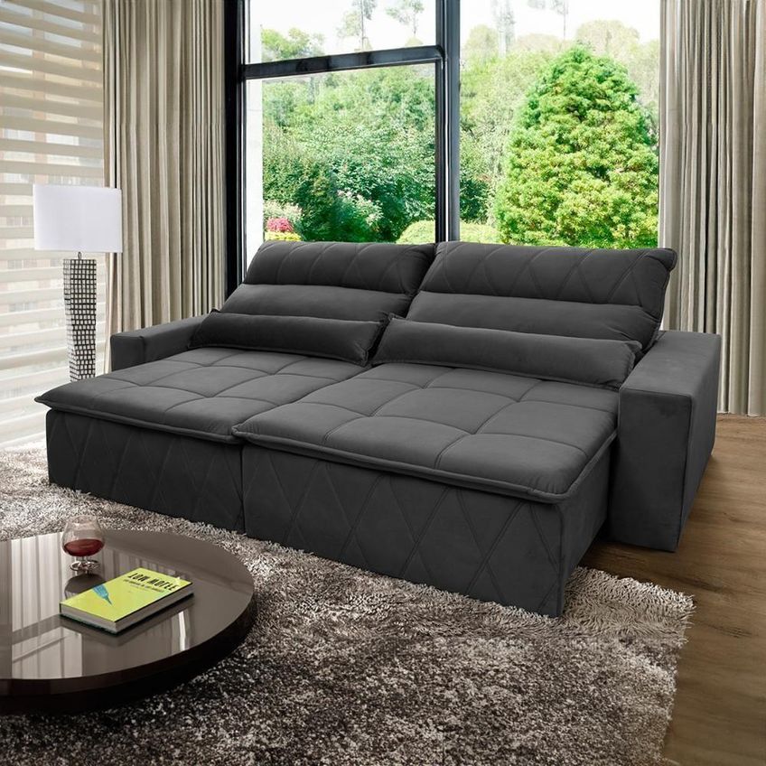 Sofá Retrátil Reclinável Amsterdam 2,10m Suede Velut Cinza Molas No Assento - King House - imagem 3