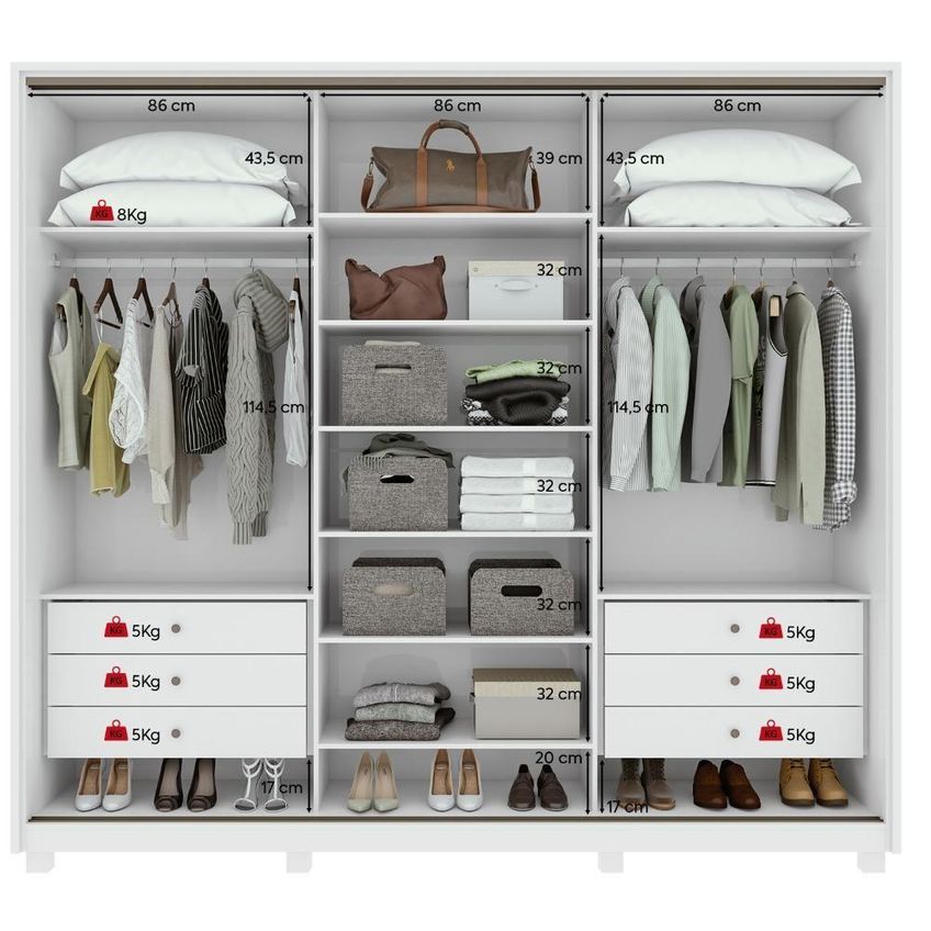 Guarda Roupa Casal Spazio 3 Portas Correr 6 Gavetas MDF Branco Móveis Lopas 270cm - imagem 3