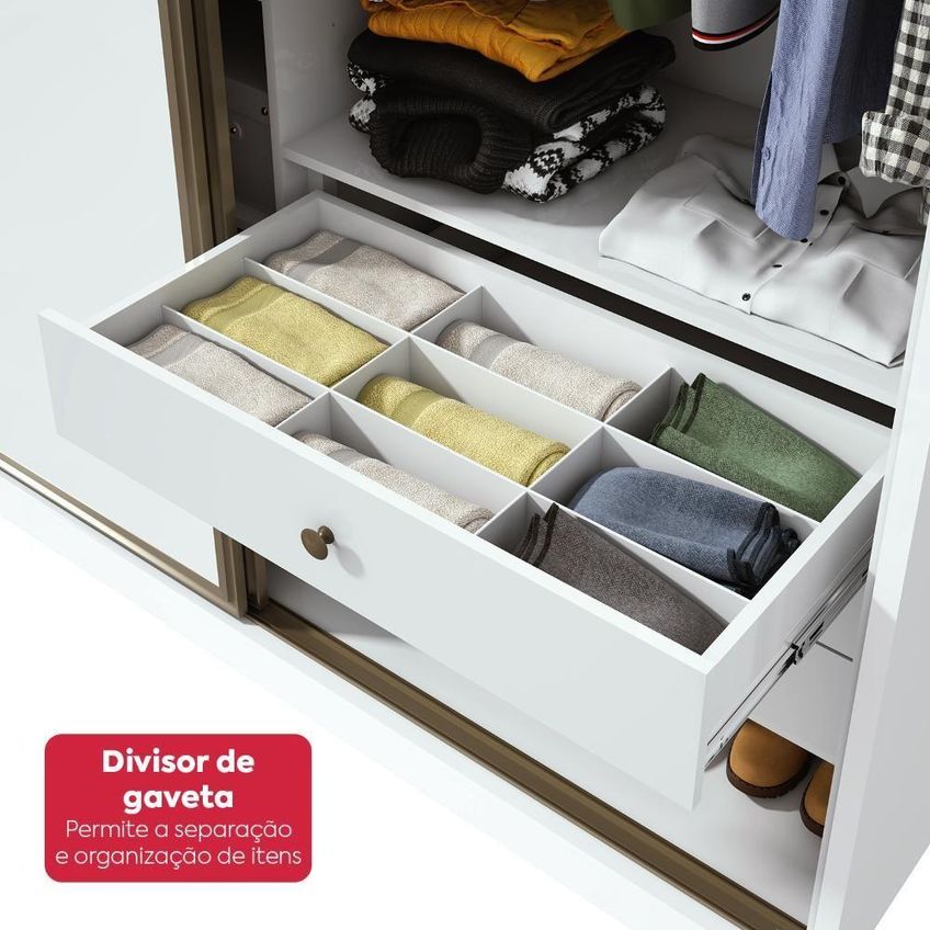 Guarda Roupa Casal Spazio 3 Portas Correr 6 Gavetas MDF Branco Móveis Lopas 270cm - imagem 5
