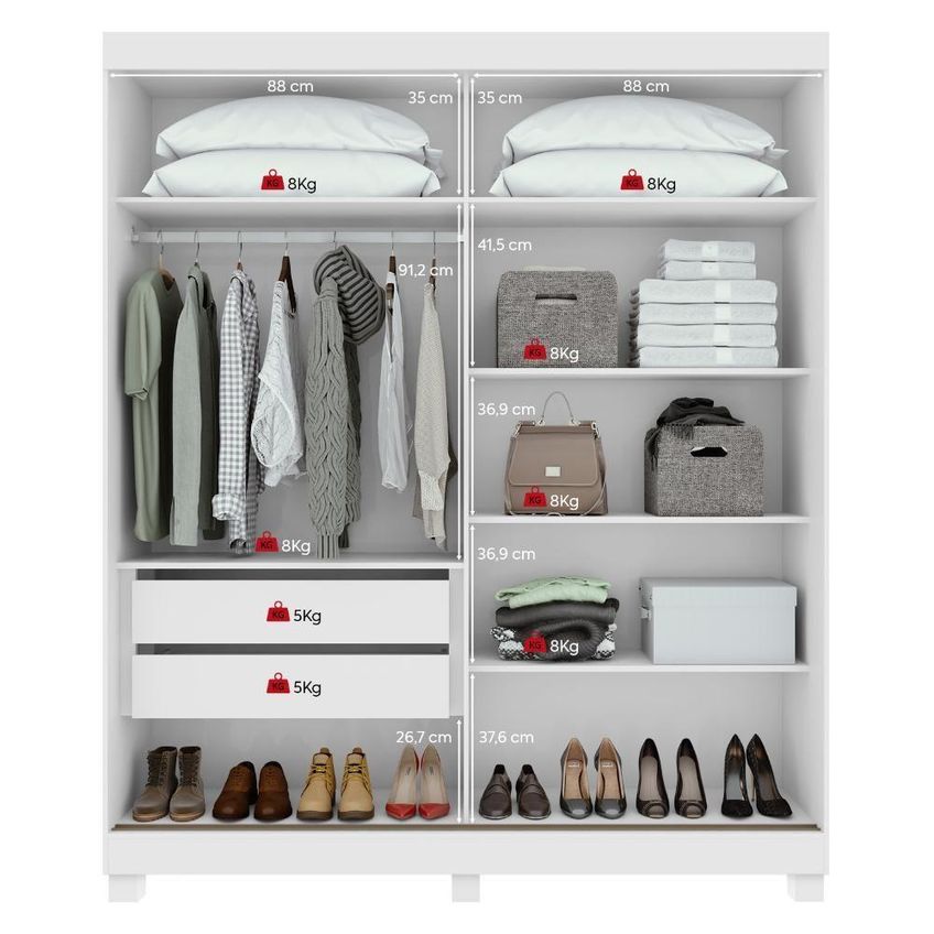 Guarda Roupa Casal Easy Light 2 Portas De Correr Com Espelho 2 Gavetas Mdf Mdp Branco Móveis Lopas - imagem 2
