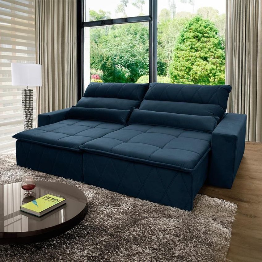 Sofá Retrátil Reclinável Amsterdam 2,70m Suede Velut Azul Marinho Molas No Assento - King House - imagem 3