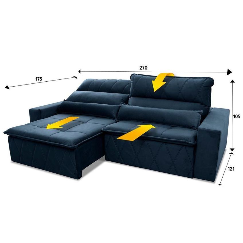 Sofá Retrátil Reclinável Amsterdam 2,70m Suede Velut Azul Marinho Molas No Assento - King House - imagem 4