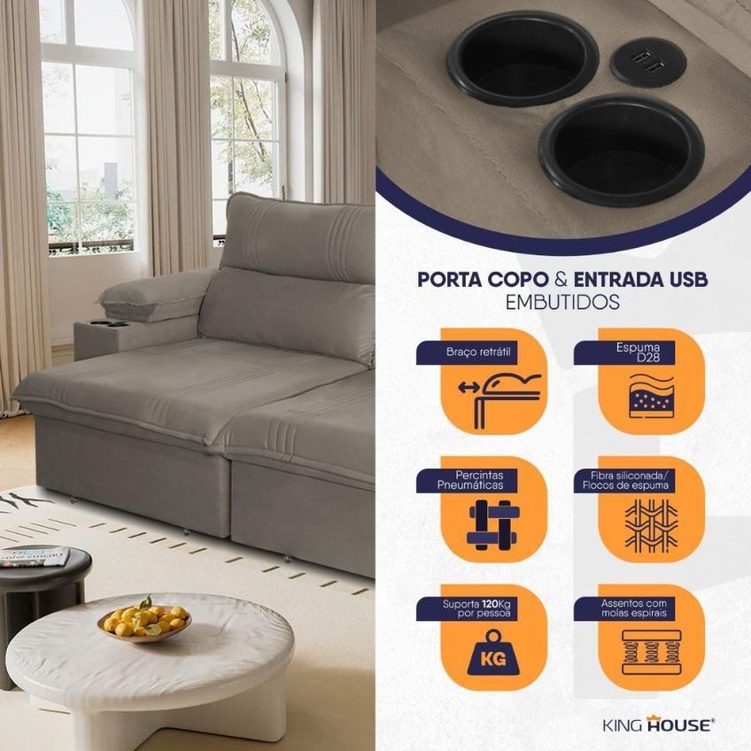 Sofá Retrátil Tesla 2,60m USB E Porta Copo Suede Marrom Claro - imagem 4