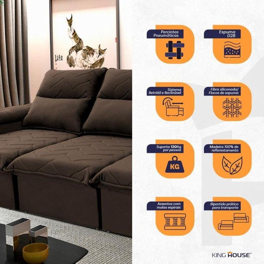 Sofá Retrátil Reclinável Paris 2,30m Suede Velut Marrom Molas No Assento - King House - imagem 4