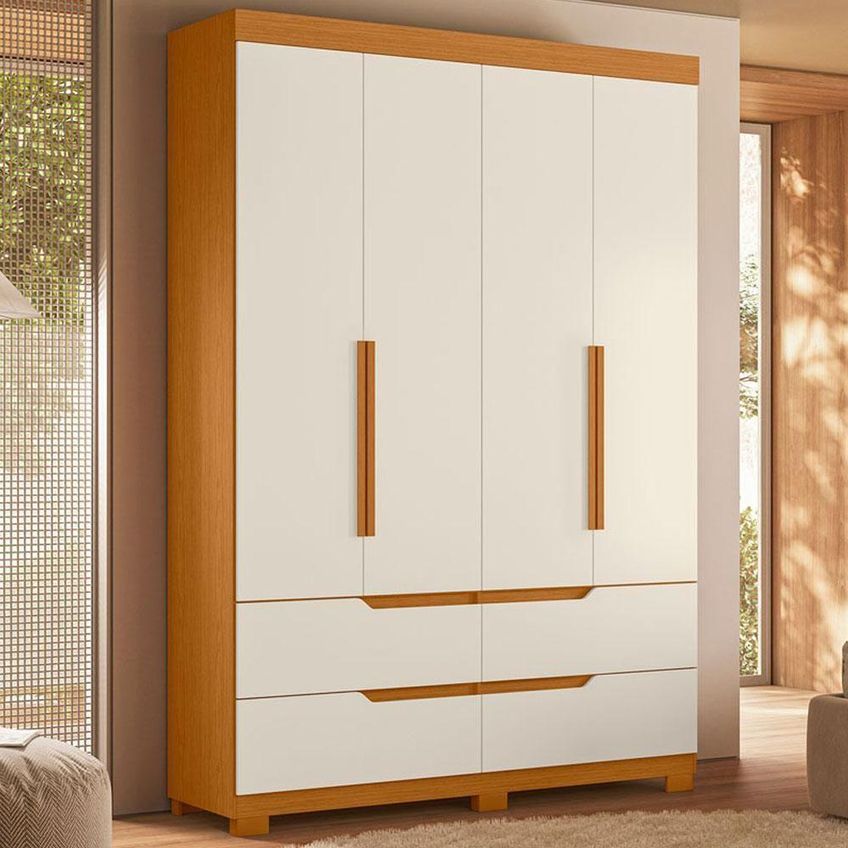 Guarda Roupa Solteiro Doble 4 Portas De Bater 4 Gavetas Mdp Cinamomo Off White Com Cômoda Unno - imagem 5
