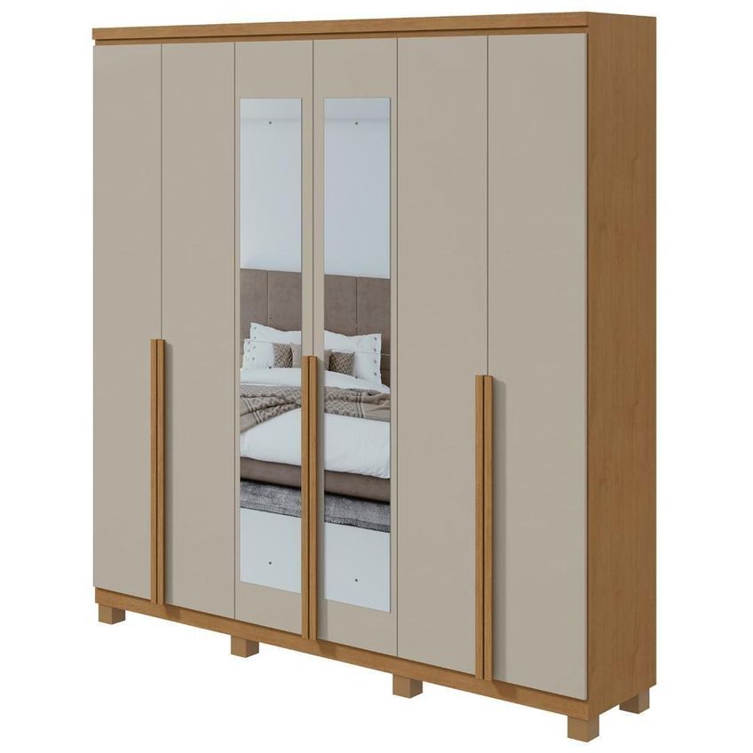 Guarda Roupa Casal Alonzo 6 Portas De Bater 4 Gavetas Mdf Com Espelho E Pés Amêndoa Clean-off White - imagem 3