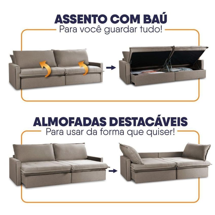 Sofá Cama Baú Ravello Sem Caixa 2,76m Linho Marrom 3 Lugares - imagem 4
