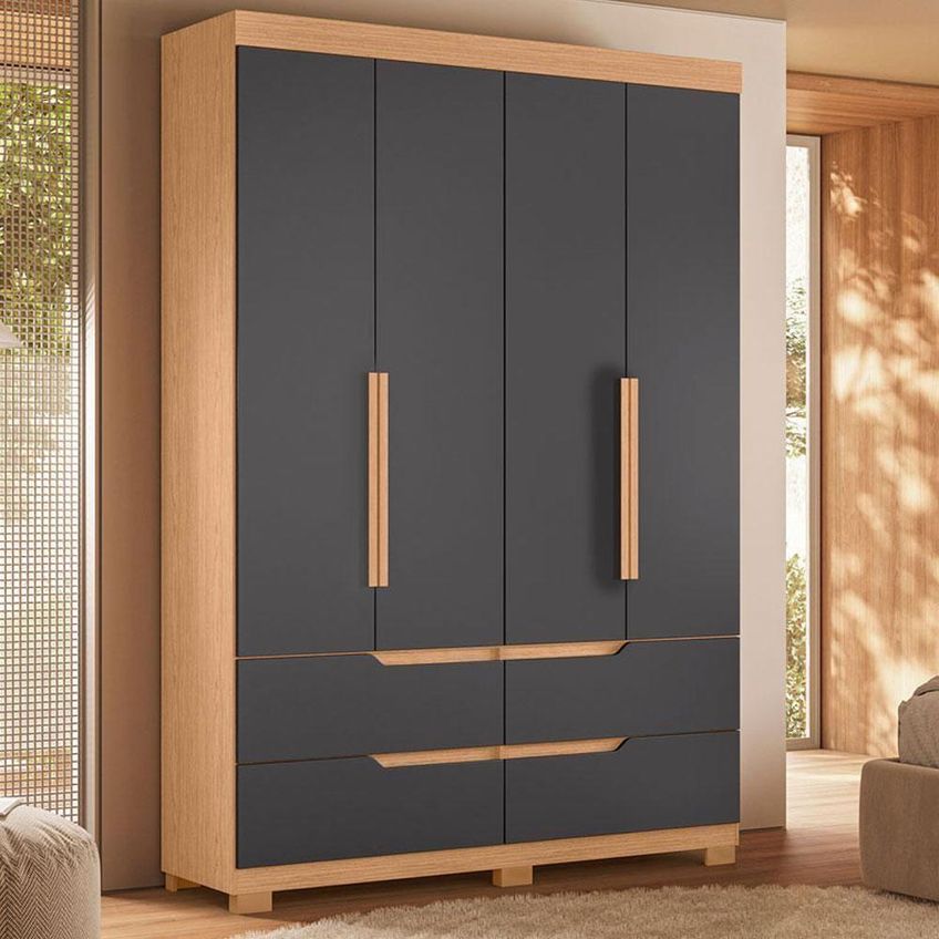 Guarda Roupa Solteiro Com Cômoda Doble 4 Portas De Bater 4 Gavetas Mdp Freijó Titanium Albatroz - imagem 5