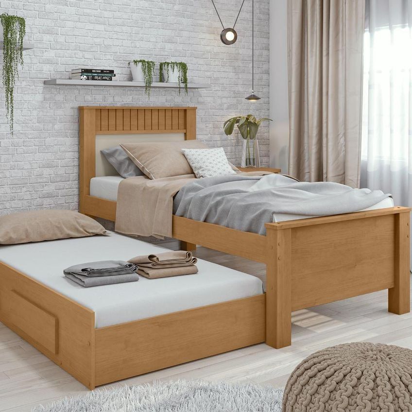 Cama Solteiro Athenas Com Cama Auxiliar MDF-MDP Amêndoa Móveis Lopas - imagem 4
