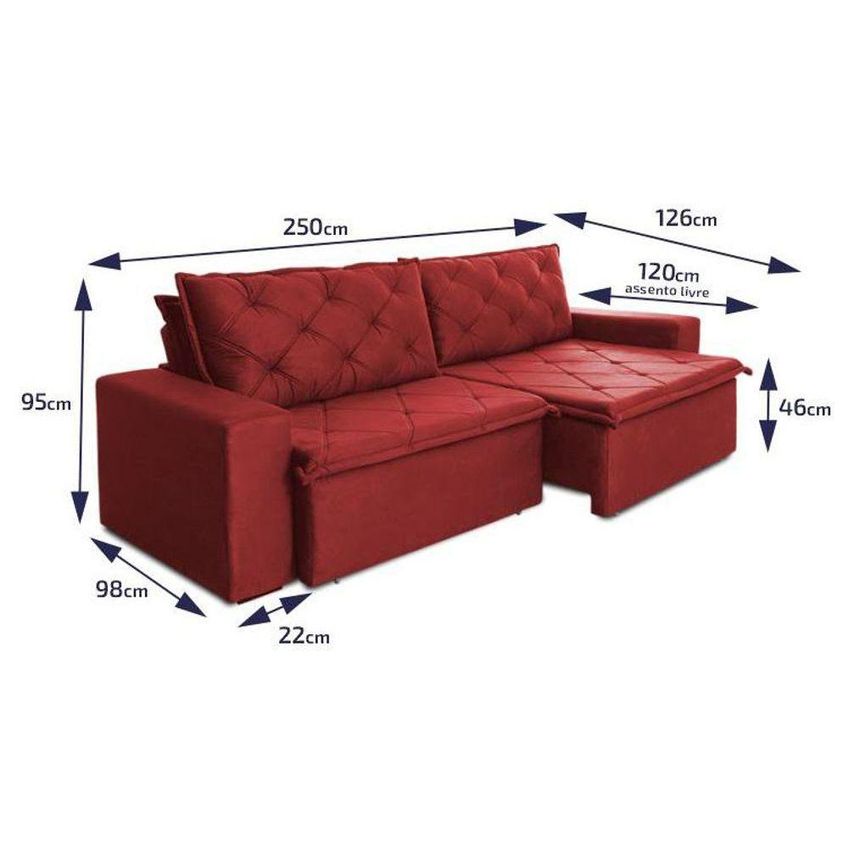 Sofá Cama Bangkok Sem Caixa 2,50m Retrátil E Reclinável Com Molas Velut Vermelho King House - imagem 3