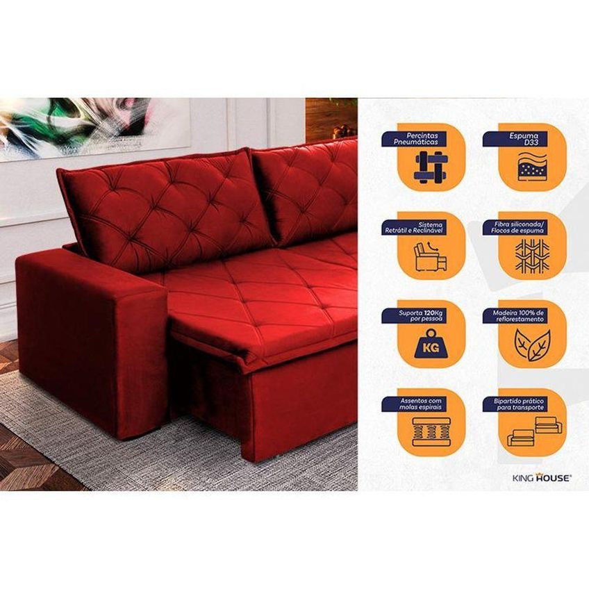 Sofá Cama Bangkok Sem Caixa 2,50m Retrátil E Reclinável Com Molas Velut Vermelho King House - imagem 4