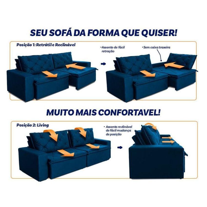 Sofá Cama Bangkok Sem Caixa 2,70m Retrátil E Reclinável Com Molas Velut Azul King House - imagem 3