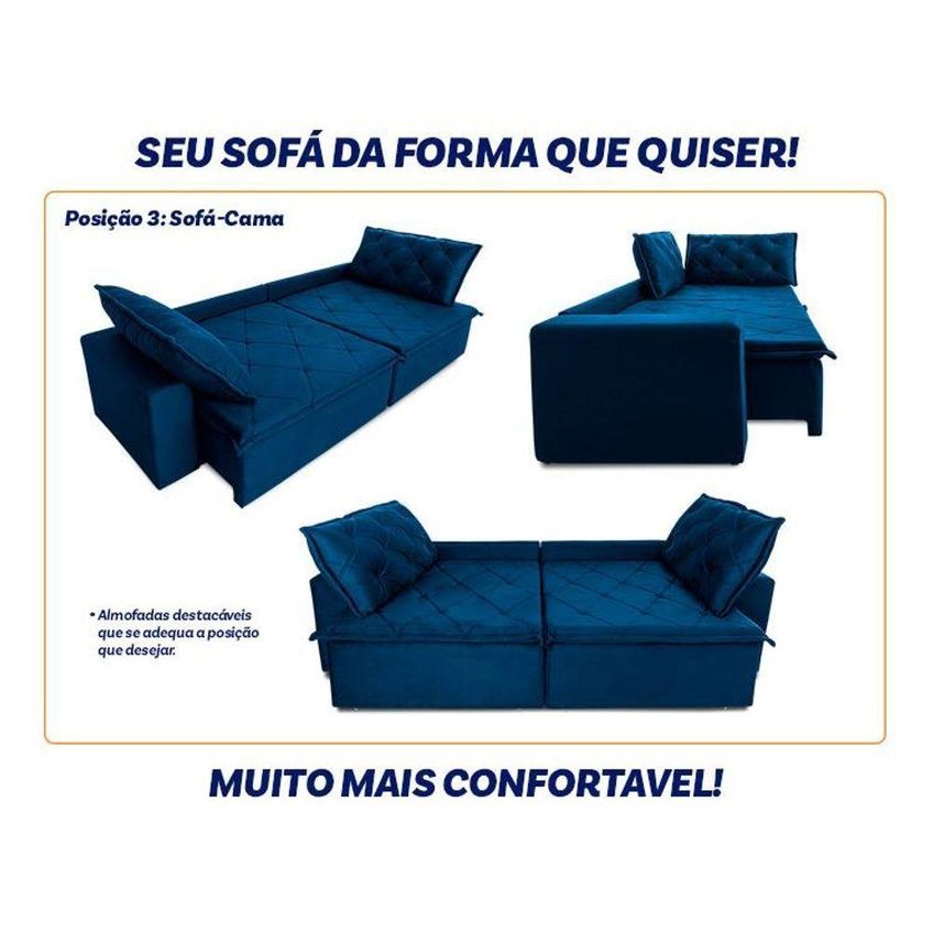 Sofá Cama Bangkok Sem Caixa 2,70m Retrátil E Reclinável Com Molas Velut Azul King House - imagem 4