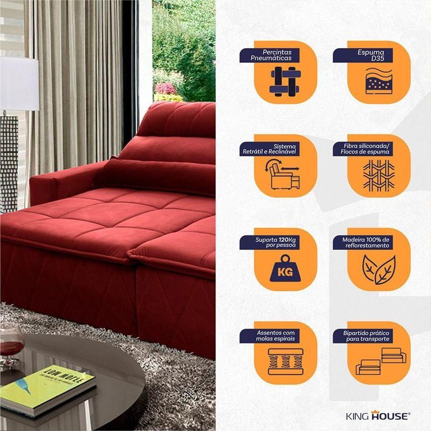 Sofá Retrátil Reclinável Amsterdam 2,70m Suede Velut Vermelho Molas No Assento - King House - imagem 4