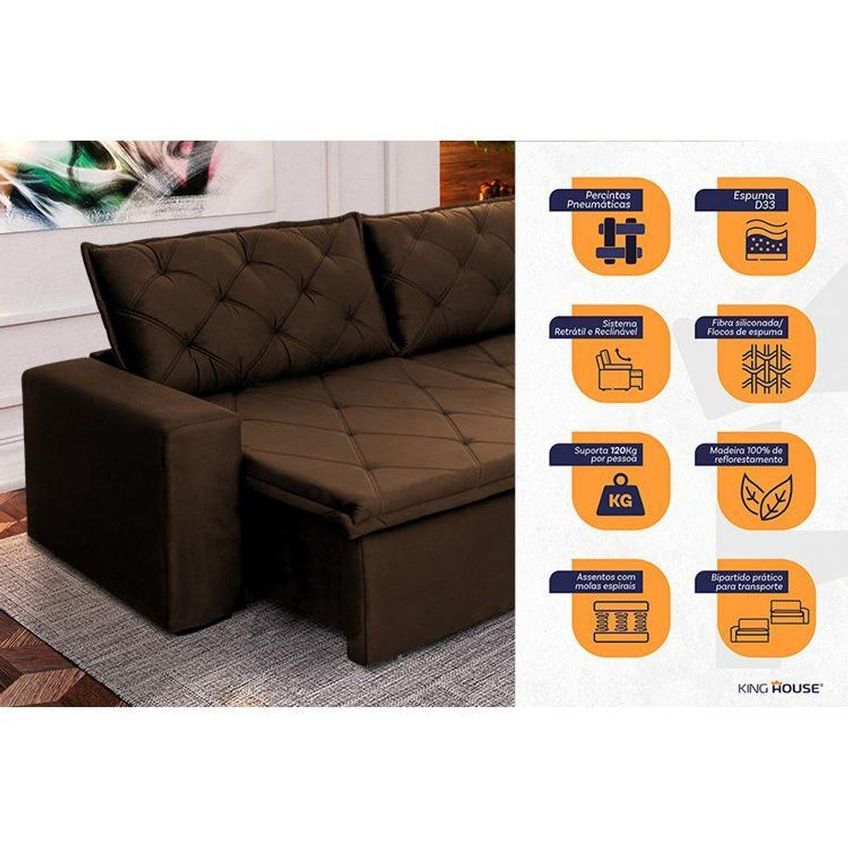 Sofá Cama Bangkok Sem Caixa 3,00m Retrátil E Reclinável Com Molas Velut Marrom King House - imagem 5
