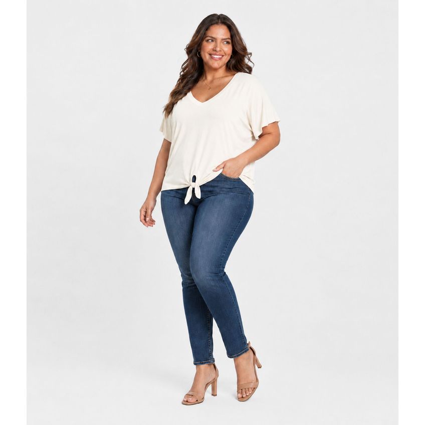 Blusa Feminina Manga Curta Decote Em V Secret Glam Bege Plus G2 - imagem 3