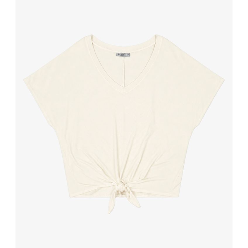 Blusa Feminina Manga Curta Decote Em V Secret Glam Bege Plus G3 - imagem 4