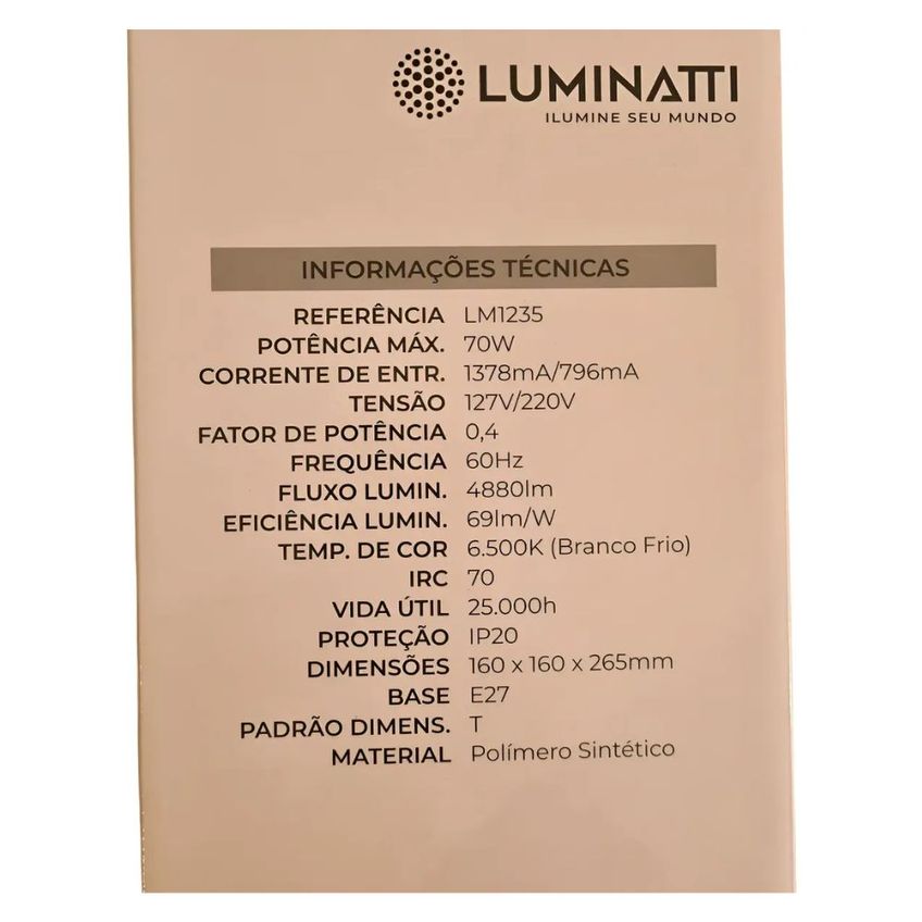 Lampada High Led Power 70w 6500k 4880 Lumens Luminatti Bivolt Luz Branca Fria Economica Padrao E27 Bulbo - imagem 3