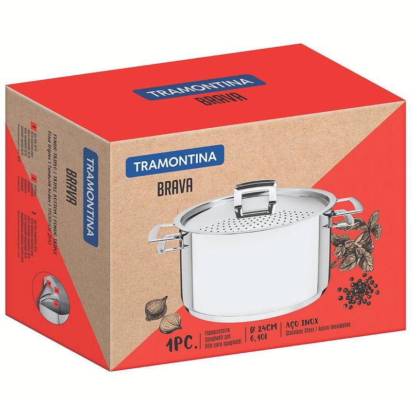 Espagueteira Brava Em Aço Inox Com Fundo Triplo 24 Cm Tramontina - imagem 3