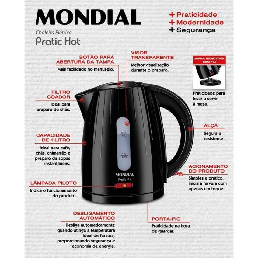 Chaleira Mondial Elétrica Pratic Hot 1 Litro CE-07 - imagem 3