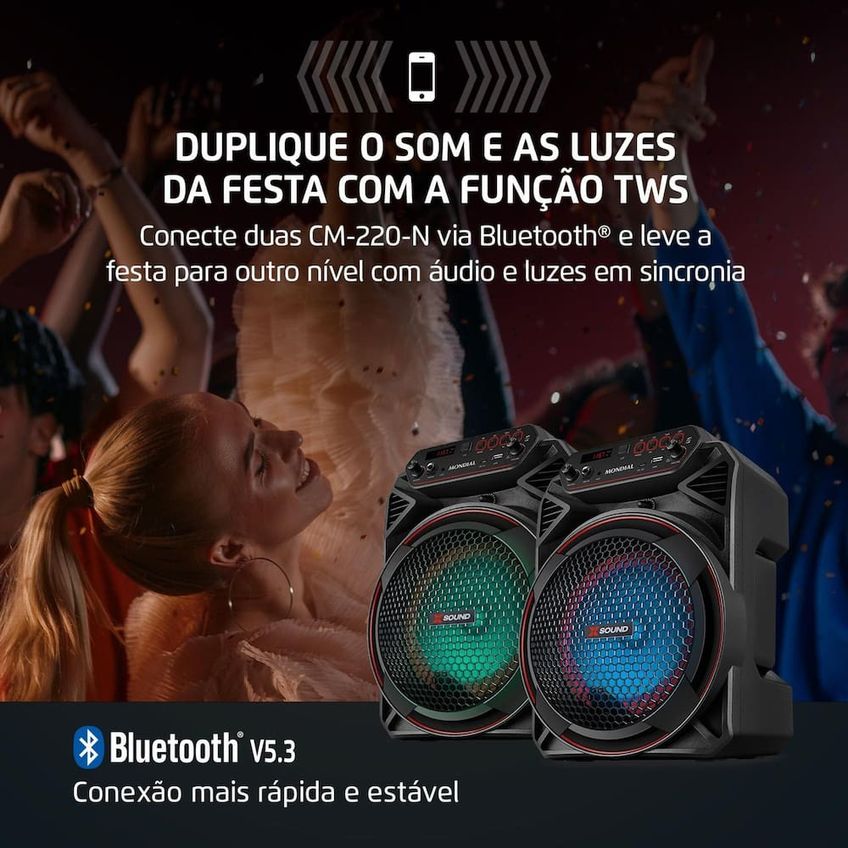 Caixa De Som Amplificada Mondial Xsound Cm-220-n 220w Bluetooth Rgb Bateria Bivolt - imagem 5