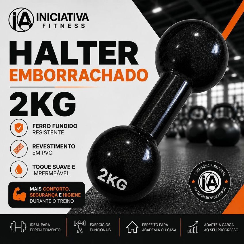 Halter Emborrachado 2kg Revestimento Em PVC Pegada Firme Preto Iniciativa Fitness 2kg - imagem 3