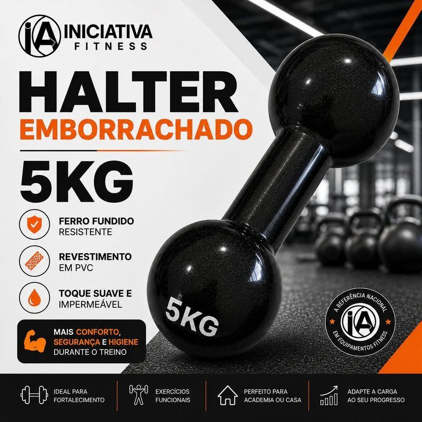 Halter Emborrachado 5kg Com Pegada Firme Preto Iniciativa Fitness 5kg - imagem 3