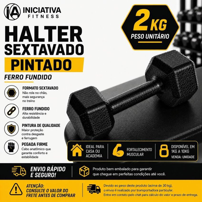 Halter Sextavado 2kg Pintado Com Formato Que Evita Rolamento Preto Iniciativa Fitness 2kg - imagem 5