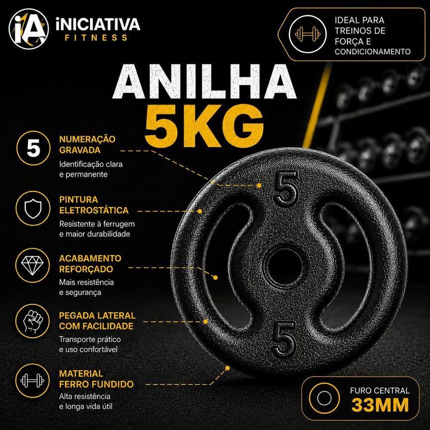 Anilha Pintada 5kg Resistente Versátil Pintura Preta Iniciativa Fitness - imagem 3
