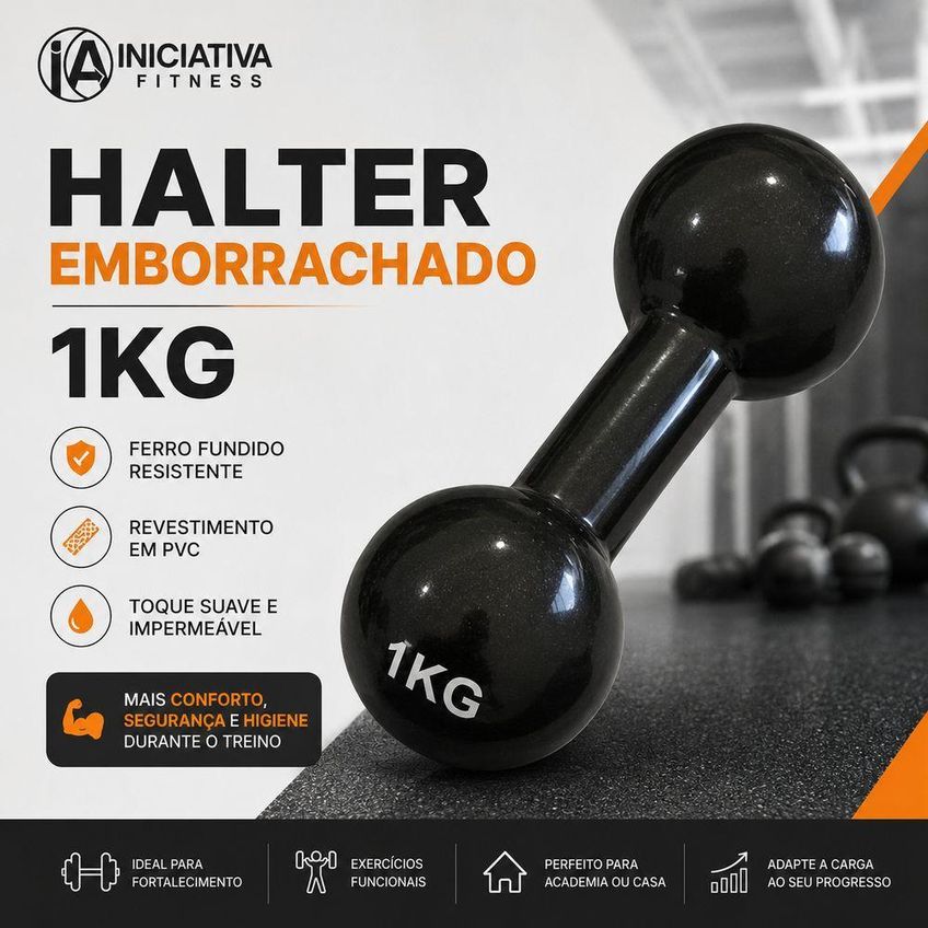 Halter Emborrachado 1kg Fortalecimento Pegada Firme Preto Iniciativa Fitness 1kg - imagem 3