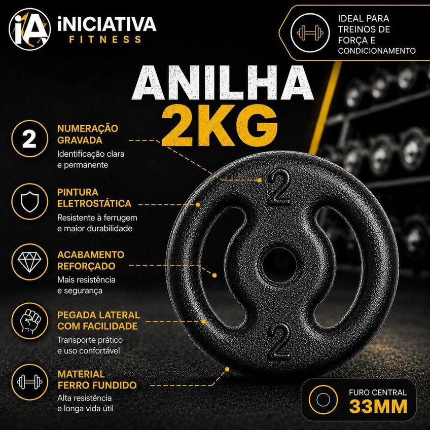 Anilha Pintada 2kg Resistente Com Pintura Preta Iniciativa Fitness 2kg - imagem 3