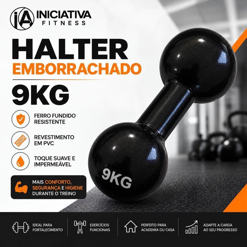 Halter Emborrachado 9kg Com Superfície Emborrachada Preto Iniciativa Fitness 9kg - imagem 4