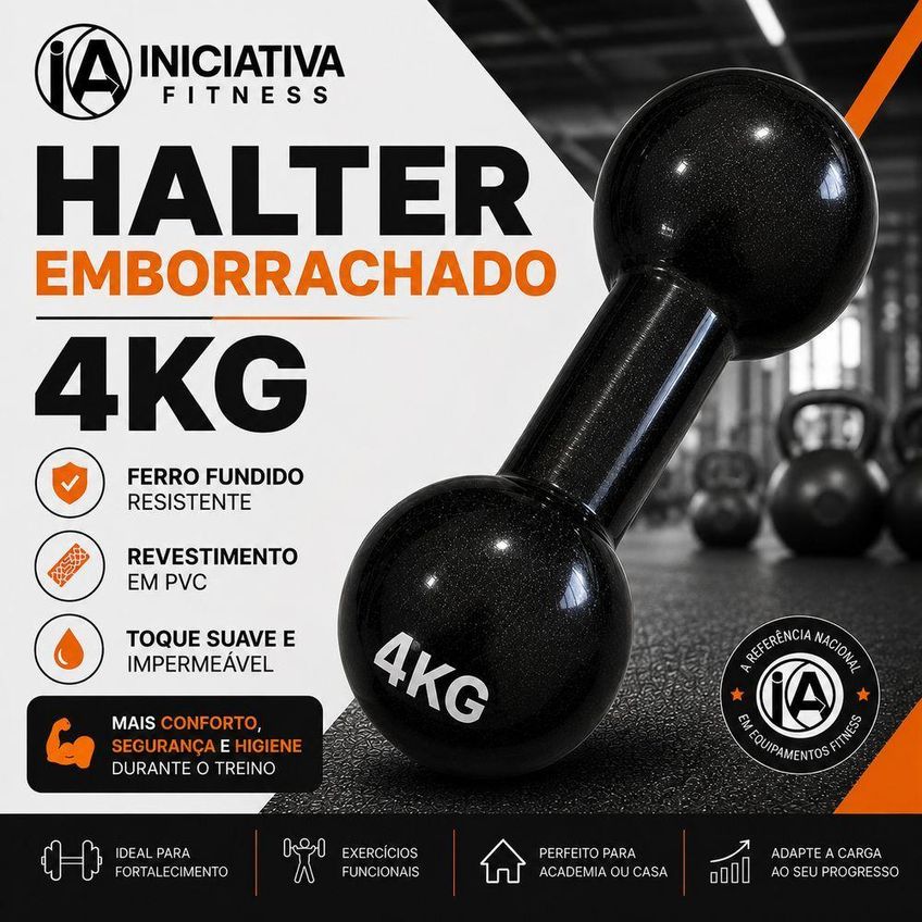 Halter Emborrachado 4kg Com Pegada Firme Preto Iniciativa Fitness 4kg - imagem 5
