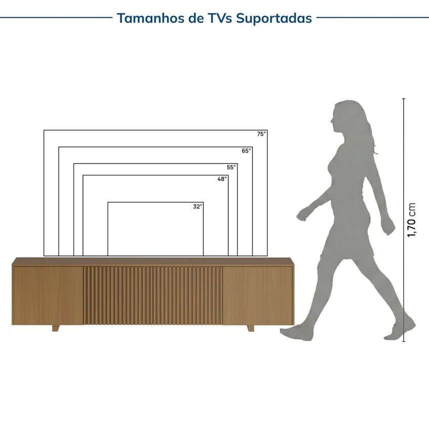 Rack Para TV Até 75 Polegadas 210x51cm Portas Ripadas Aruá Cabecasa Madeiraoriginals Marrom Jatob Jatobá - imagem 4