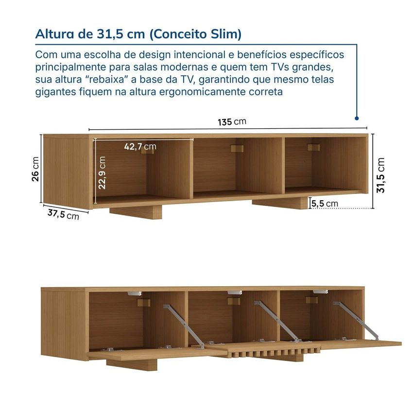Rack Para TV Até 50 Polegadas 135cm Portas Ripadas Aruá Cabecasa Madeiraoriginals Marrom Jatobá Jatoba - imagem 3