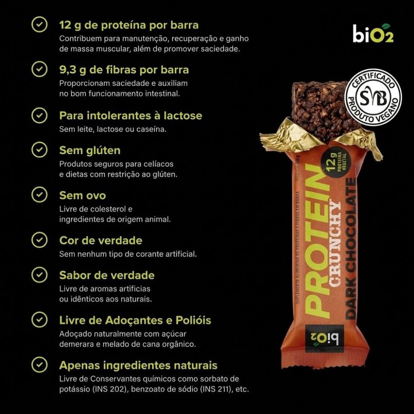 Barra De Proteína Bio2 Crunchy Protein 12g De Proteína Dark Chocolate Vegana 50g Bio2 - imagem 4