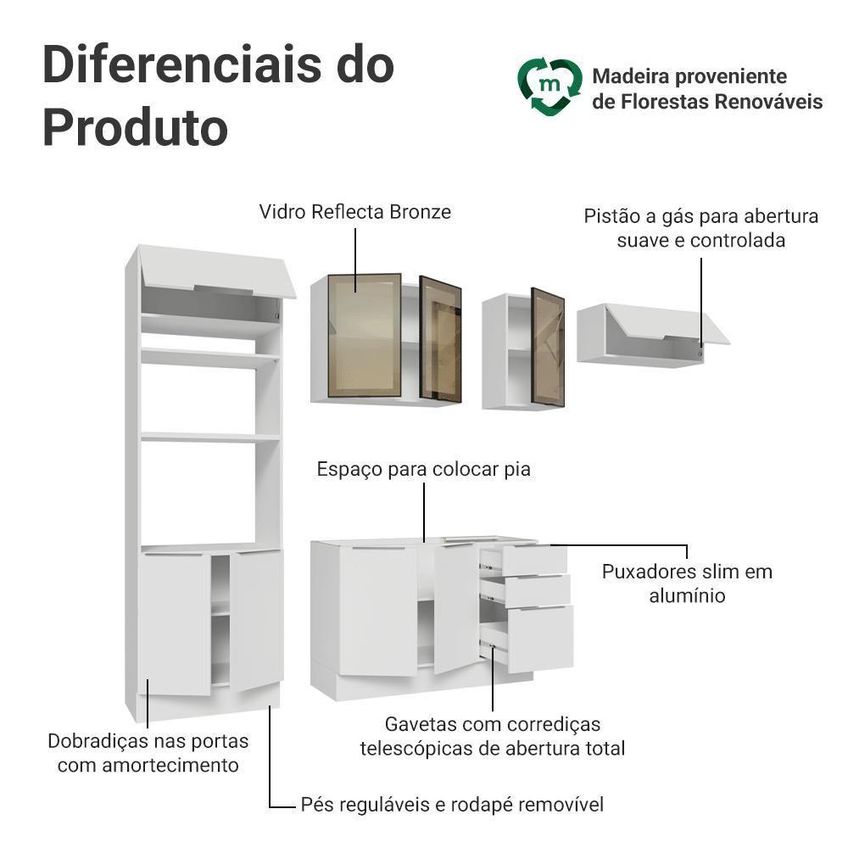 Cozinha Completa Stella 9 Portas 3 Gavetas MDP 270cm Branca Madesa - imagem 3