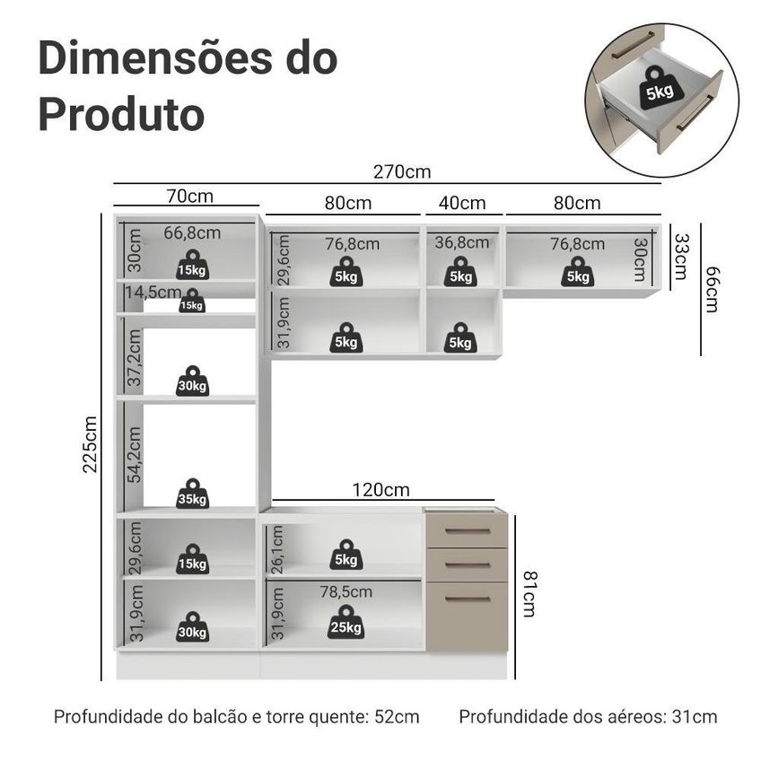 Cozinha Completa Ágata 9 Portas 3 Gavetas MDP 270cm Madesa - imagem 4