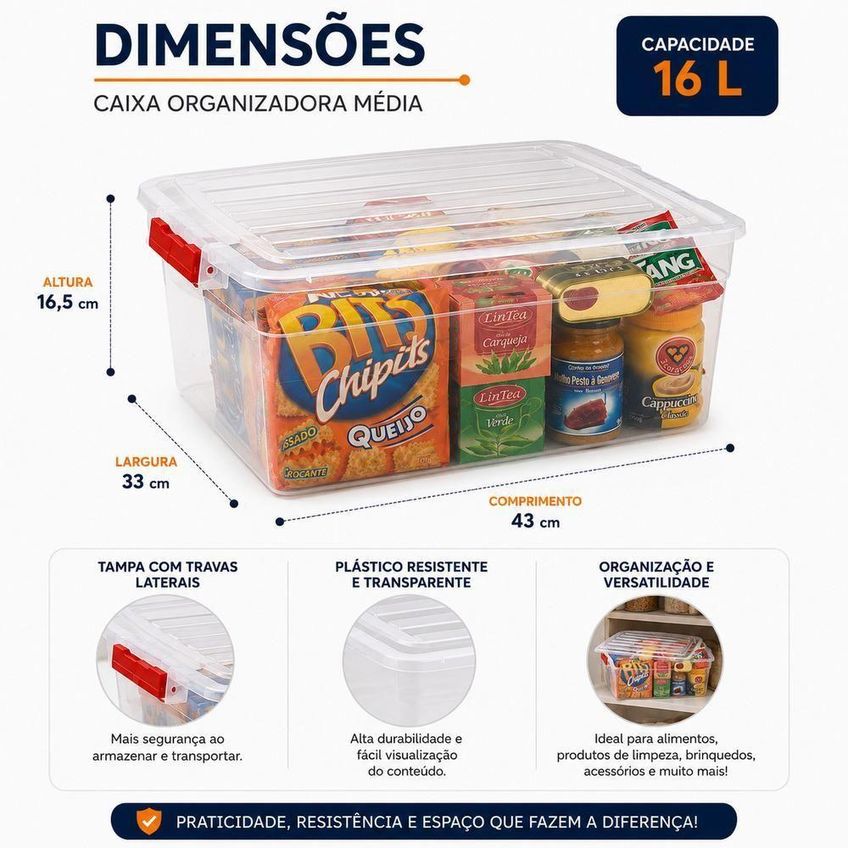 Caixa Organizadora Container Médio 16 Litros Com Tampa Plástico Resistente Transparente Multiuso 16l - imagem 3