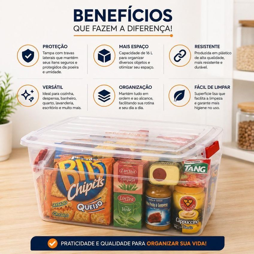 Caixa Organizadora Container Médio 16 Litros Com Tampa Plástico Resistente Transparente Multiuso 16l - imagem 4