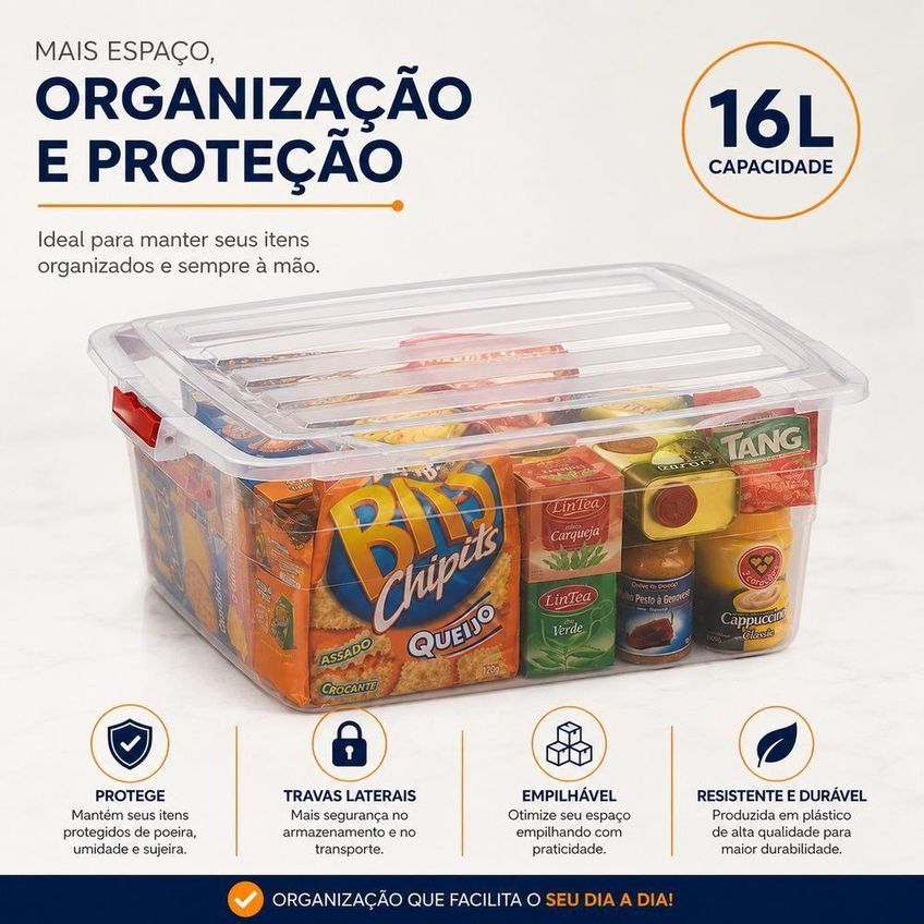 Caixa Organizadora Container Médio 16 Litros Com Tampa Plástico Resistente Transparente Multiuso 16l - imagem 5