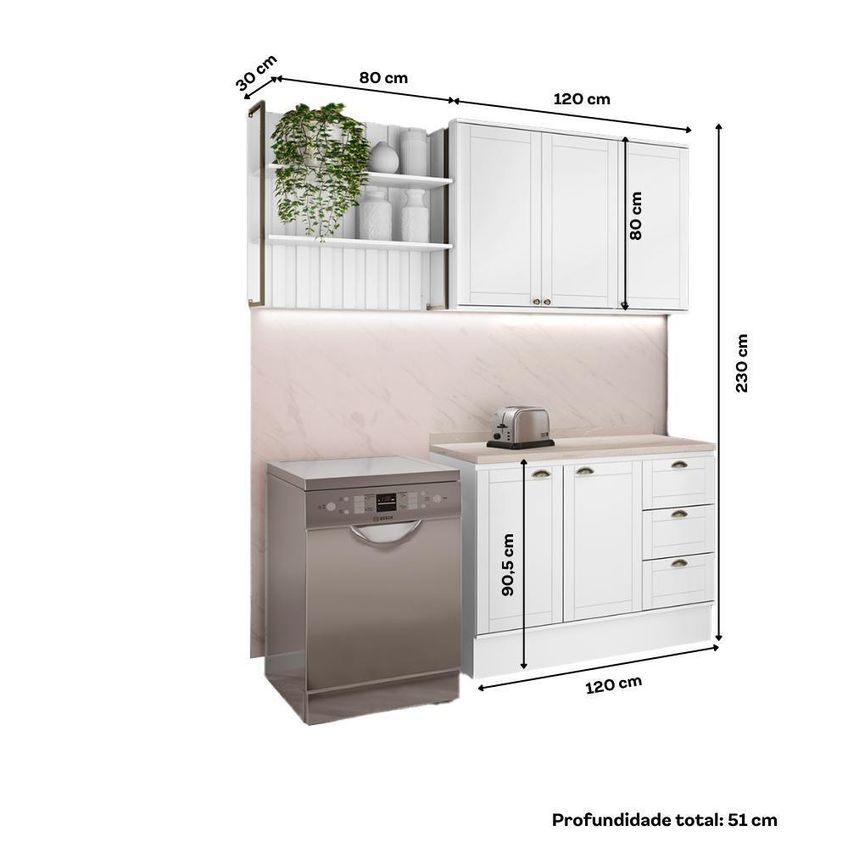 Cozinha Completa Milla Citrine 5 Portas 3 Gavetas MDF 200cm Branco Móveis Carraro - imagem 4