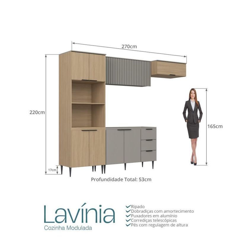 Cozinha Completa Lavinia 8 Portas 3 Gavetas MDP Bege Imperial e Fume J Carvalho Móveis - imagem 3