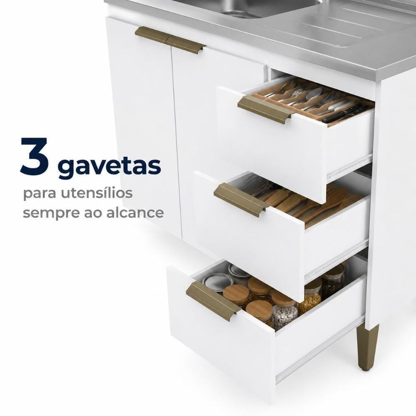 Balcão De Cozinha Ana 2 Portas 3 Gavetas 120cm Branco J Carvalho Móveis - imagem 3