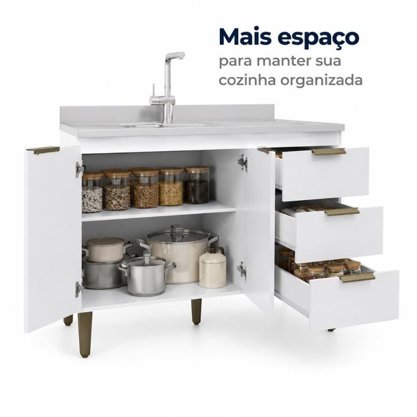 Balcão De Cozinha Ana 2 Portas 3 Gavetas 120cm Branco J Carvalho Móveis - imagem 4